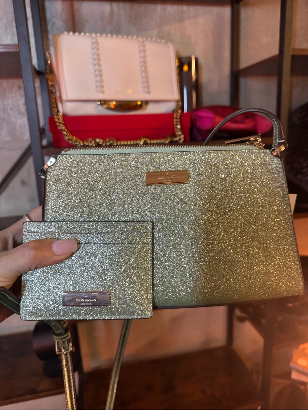 Kate Spade Mint Green Glitter Crossbody Bag with Card Holder NWT